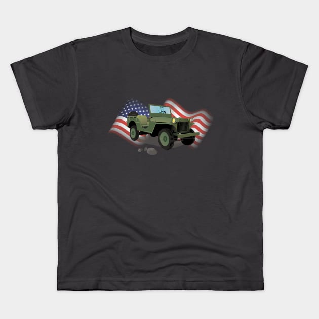 WWII Willys US Army Truck with American Flag Kids T-Shirt by NorseTech